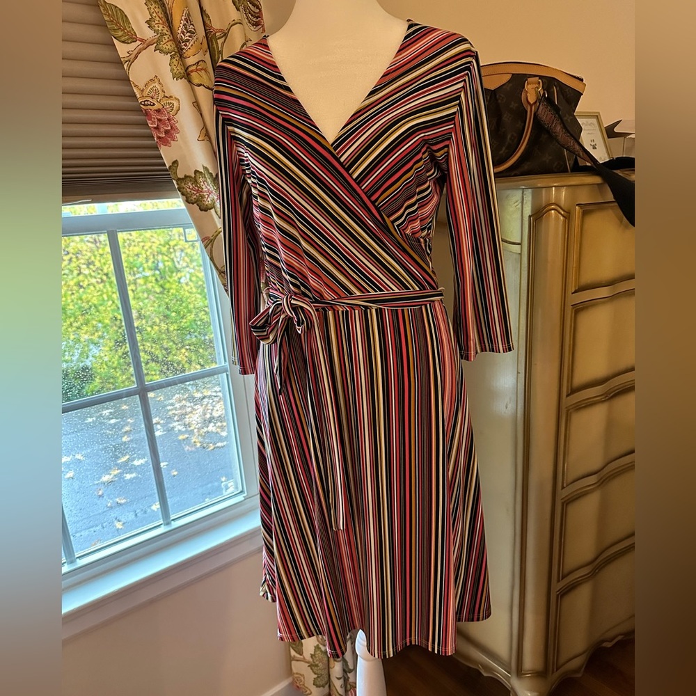 Leota wrap look striped viscose dress size M